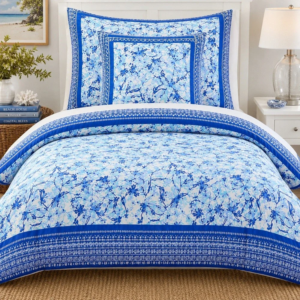 Lilly Pulitzer for PB Teen Twin Duvet Cover Blue Tropical Palm Print 100% Cotton